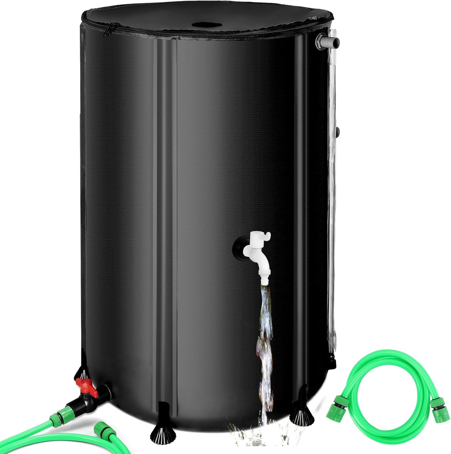 100 Gallon Collapsible Rain Barrel, SKM Portable Rain Water Collection Barrel for Garden/Outside/Lawn, PVC Rainwater Collection System Water Tank Storage Container with Spigots & Overflow Kit, Black