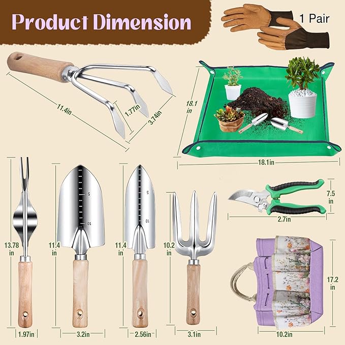 Gardening Tools Set 9-Piece Heavy-Duty Gardening Gifts for Women Mom Wife Gardening Hand Tools with Purple Floral Tote Bag and Repotting Mat, halilus Stainless Steel Garden Supplies Kit