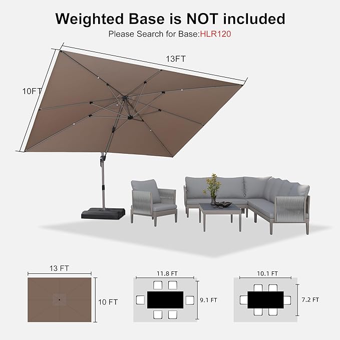 PURPLE LEAF 10' X 13' Patio Umbrella, Rectangle Outdoor Cantilever Umbrella, Aluminum Offset Umbrella with Champagne Frame and 360° Rotation for Pool Deck Garden, Taupe