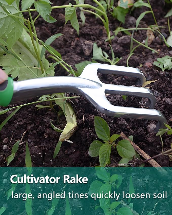 3Pcs Garden Tools, Heavy Duty Cast-Aluminum Garden Tool Set with Hand Trowel, Transplant Trowel, Cultivator Rake, Soft Rubber Ergonomic Non-Slip Handle, Ideal Gardening Gifts for Home Gardeners