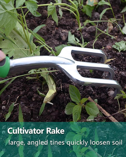 3Pcs Garden Tools, Heavy Duty Cast-Aluminum Garden Tool Set with Hand Trowel, Transplant Trowel, Cultivator Rake, Soft Rubber Ergonomic Non-Slip Handle, Ideal Gardening Gifts for Home Gardeners