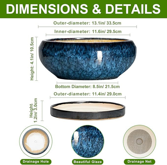 Bonsai Pots - 13 Inch Ceramic Succulent Pots for Indoor Outdoor, Large Succulent Planter with Drainage Hole and Saucer, Round Shallow Flower Planters, Porch Decor, Gardening Gifts, Blue