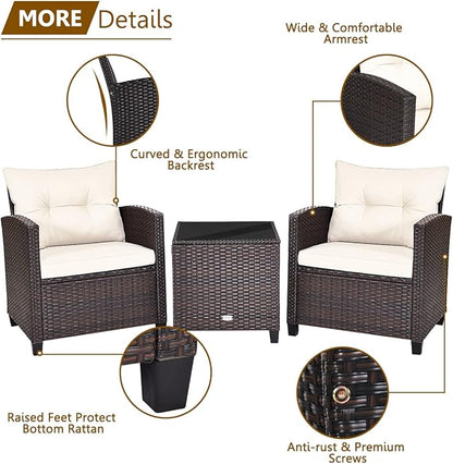 RELAX4LIFE 3 Piece Patio Furniture Set, Wicker Bistro Conversation Set w/ 2 Cushioned Armchairs & Glass Topped Table, Outdoor Rattan Sofa for Porch Balcony Poolside (White)