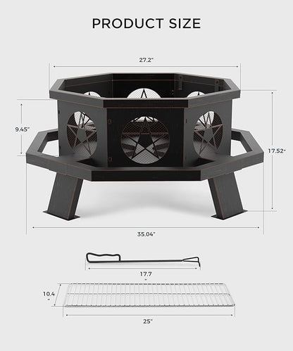 35 inch Fire Pit, Large Firepits for Outside Wood Burning Fire Pits with Cooking Grill, Outdoor Fire Pit Octagonal Heavy Duty Firepit with Poker for Bonfire, Backyard, Patio, Bronze