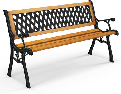 Tangkula Outdoor Garden Bench Park Bench, Patio Bench Chair with Cast Iron & Hardwood Structure, Weather Proof Porch Outdoor Furniture Loveseat, Perfect for Backyard, Deck, Lawn, Poolside