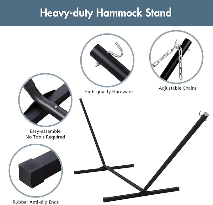 ANOW Double Hammock with 12 Feet Heavy Duty Steel Stand Combo, 2 Person Quilted Hammock with Stand for Outside, 450 LBS Weight Capacity, Blue