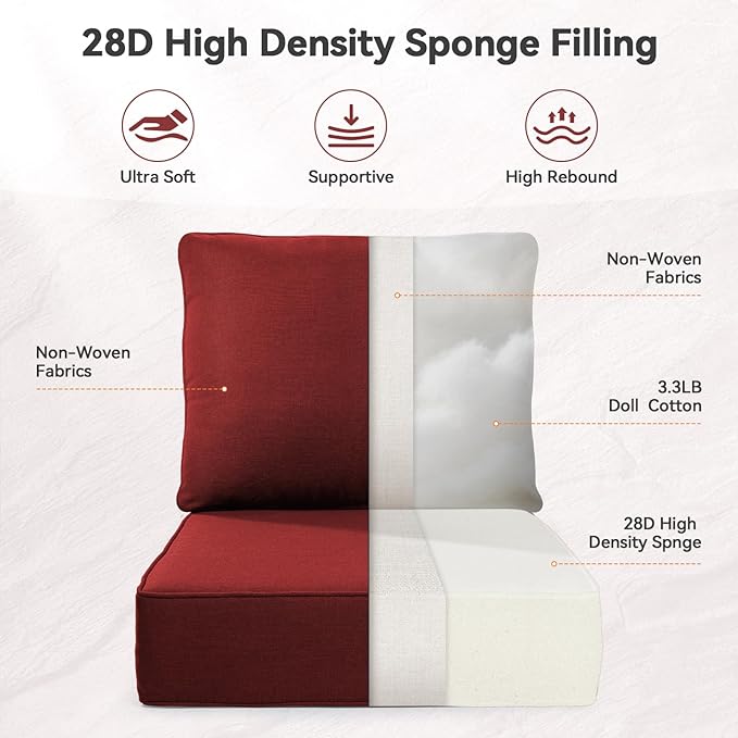 Luxury 6" Outdoor Cushions for Patio Furniture, 24x24x6" Thick Seat Cushion Set of 6, Fade Resistant Couch Chair Replacement Cushions High Density Deep Wicker Chair Cushion w/ Removable Cover, Red