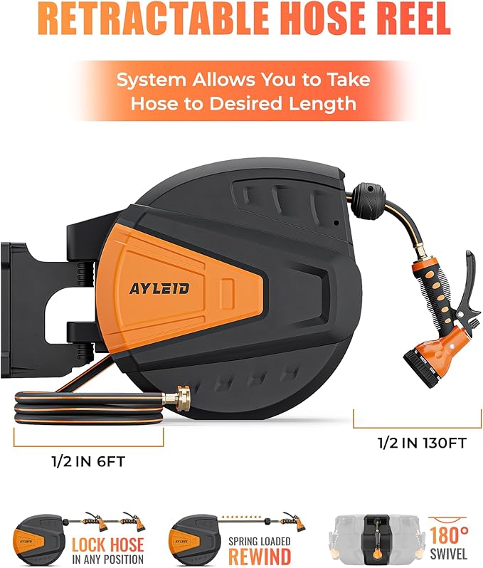 Ayleid Retractable Garden Hose Reel,1/2 in x 130 ft Wall Mounted Hose Reel, with 9- Function Sprayer Nozzle, Any Length Lock/Slow Return System/Wall Mounted/180°Swivel Bracket (Black)