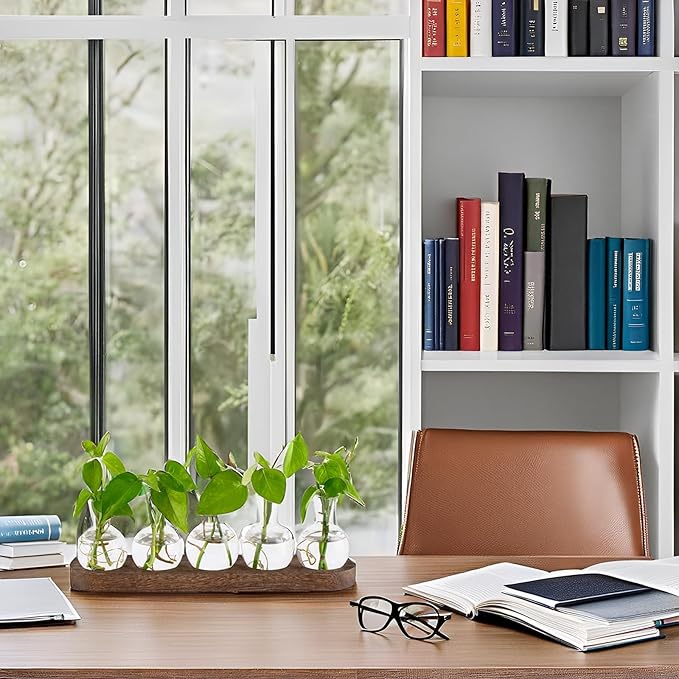 Mkono Desktop Plant Propagation Glass Station Retro Terrarium with Wooden Tray Bulb Vase for Hydroponic Home Indoor Decor Brown, Plant Lover Gift