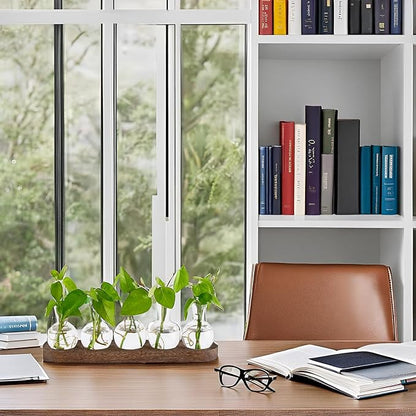 Mkono Desktop Plant Propagation Glass Station Retro Terrarium with Wooden Tray Bulb Vase for Hydroponic Home Indoor Decor Brown, Plant Lover Gift