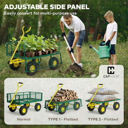 CAPHAUS Metal Green Garden Cart, w/ 180° Adjustable Yellow Handle, w/Mat and Strap, Heavy Duty 880 lbs Capacity, w/ 10” Flat-Free Tires, Sides Removable, Utility Wagon, Yard Cart, for Garden, Farm