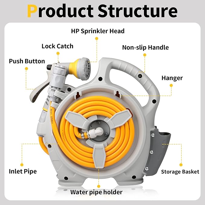 Garden Retractable Hose Reel, Portable Simple Home Hose Reel 45+5 FT with 7 Patterns Spray Nozzle, Wall Mounted and Any Length Lock for Garden Watering, Car Washing, Pet (Orange)