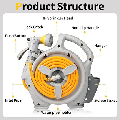 Garden Retractable Hose Reel, Portable Simple Home Hose Reel 45+5 FT with 7 Patterns Spray Nozzle, Wall Mounted and Any Length Lock for Garden Watering, Car Washing, Pet (Orange)