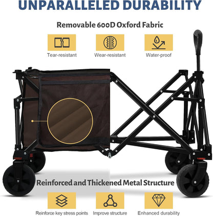 Collapsible Folding Wagon Cart, 220LBS Heavy Duty Foldable Utility Garden Cart with All Terrain Wheels & Side Storage Bag, Portable Sports Wagon for Camping, Shopping, Garden
