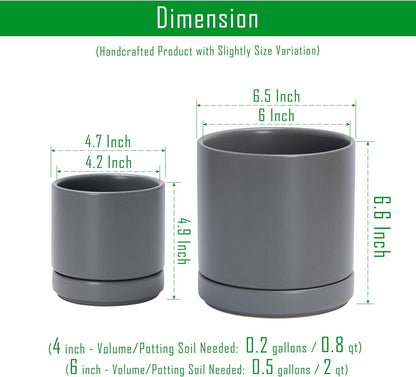 D'vine Dev 4.7 Inch & 6.5 Inch Ceramic Planter Pots for Plants with Drainage Hole and Saucer, Small Plant Pots Set, Speckled Grey, 94-G-S-3