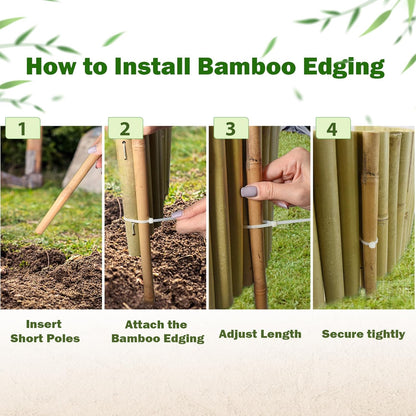 8x39IN Natural Bamboo Edging, Bamboo Garden Border Edging, Outdoor Landscape Edging for Decorative Garden, Patio Flower Garden Bed, Lawn, Yard, Pool Fences（1Pc with 3 Short Poles）