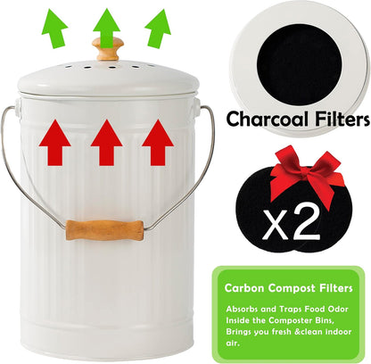 1.7 Gallon Kitchen Compost Bin, Indoor Countertop Compost Bin with Lid, 100% Rust Proof Compost Bucket with Non-Smell Charcoal Filters (White)