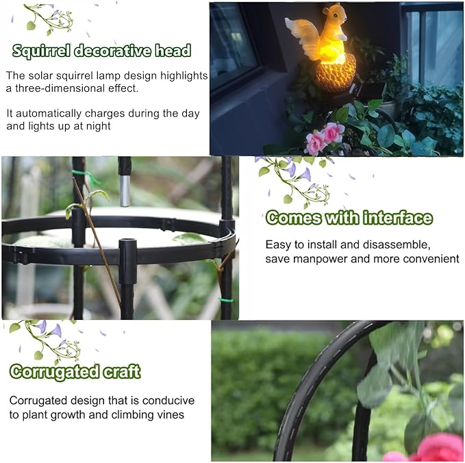 Metal Garden Obelisk Trellis for Climbing Plants Outdoor，Rose Round Trellis with Squirrel Head Auto Sensor Solar Light Rustproof Tomato Plant Support for Vines Cucumbers Tomato Cage,1 Pack