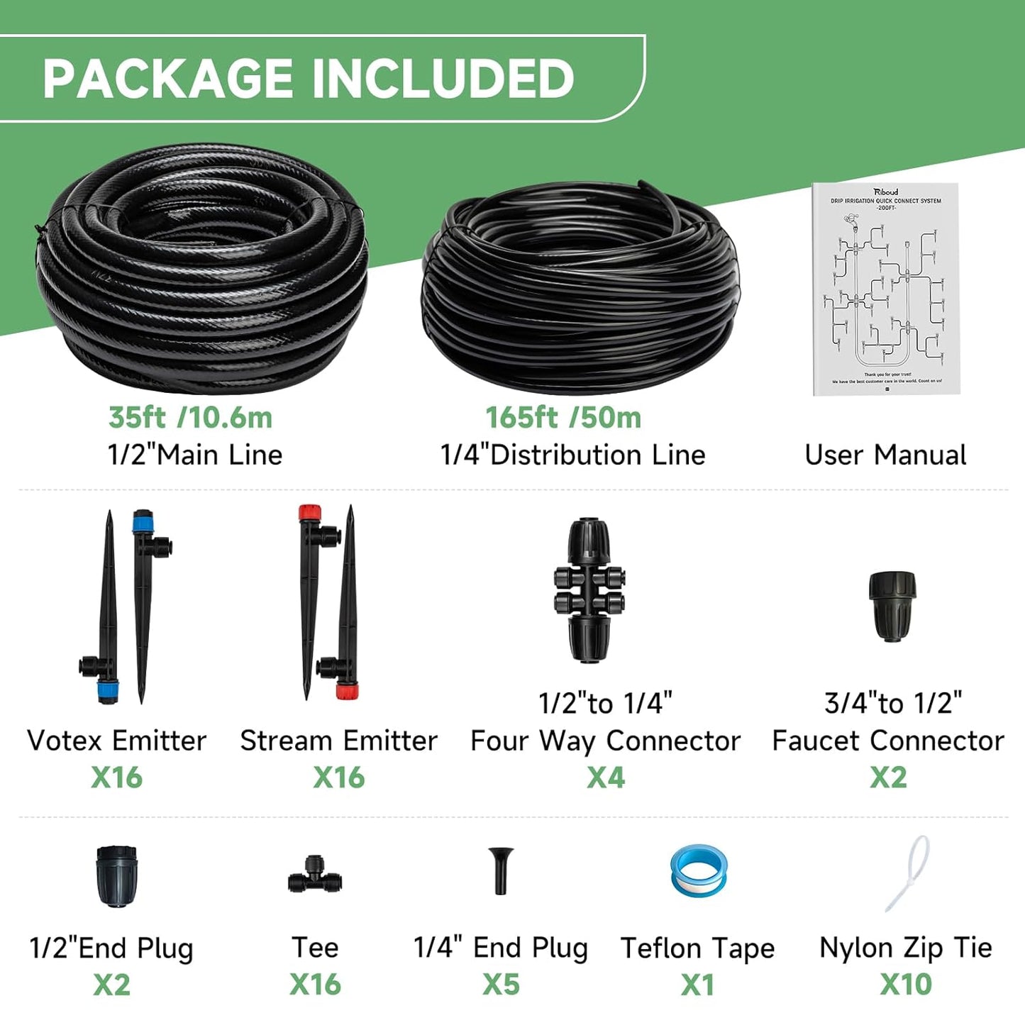 Quick-Connect 200FT Drip Irrigation System Kit, Automatic Garden Plant Watering System for Greenhouse, Yard, Lawn, with 1/2 inch 1/4 inch Irrigation Tubing Hose and Accessories