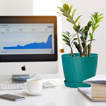 7 Inch Plant Pots Bulk, 6 Pack Plastic Planters with Drainage Holes and Saucers for Indoor Outdoor House Plants and Flowers, Green