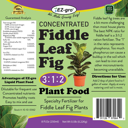EZ-GRO Liquid Fiddle Leaf Fig Plant Food - 8 oz Bottle | 3 1 2 NPK Fertilizer for Indoor Plants | Concentrated Nutrients Liquid Indoor Plant Food for Healthy Growth