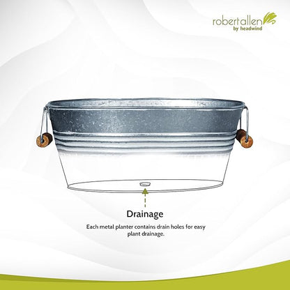 Headwind Vintage Collection 14-Inch White Wash Oval Galvanized Tub with Handles – Metal Wash Basin Planter - Galvanized Metal Tub for Indoor & Outdoor Use by Robert Allen