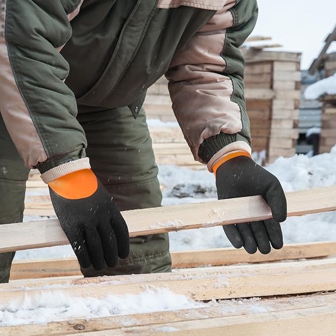 Kebada T2 Waterproof Work Gloves for Men and Women, Thermal Warm Winter Working Gloves, Insulated Freezer Gloves for Cold Weather, 100% Latex Coating, Wrist Closure, 2 Pairs, Orange, Large