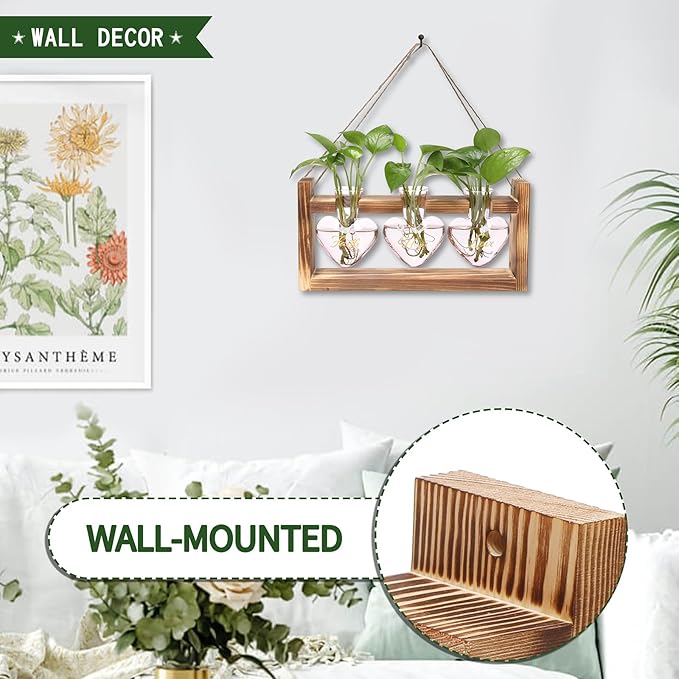 Plant Terrarium Propagation Stations Faith Hope Love Hydroponics Home Garden Decoration Gift for Women with Wooden Stand Heart Shaped Colored Glass Vase