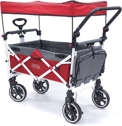 Creative Outdoor Push Pull Collapsible Stroller Wagon for Kids with Canopy,150lbs Weight Capacity, Folding Cart, Titanium Series Plus, Beach, Park, Garden (Red & Grey)