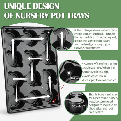 12 Cell Round Nursery Pot Trays Thickened Durable Seedling Pots Shuttle Carrying Trays for Holding 4 Inch Nursery Pots (16.85" × 12.6", 20-Pack)