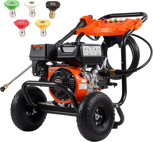 VEVOR Gas Pressure Washer, 3500 PSI 2.6 GPM, Gas Powered Pressure Washer with Aluminum Pump, Spray Gun and Extension Wand, 5 Nozzle Set, for Cars, Fences, Homes, Driveways, Patios Furniture Horizontal