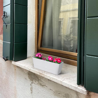 GREANER Flower Boxes, 3 Pack 12x3.8 Inch Rectangle Window Boxes, Herb Planters with Tray, Indoor Succulent Cactus Flowers Plastic Drawable Pot for Windowsill, Garden, Balcony, Office Outdoor (White)