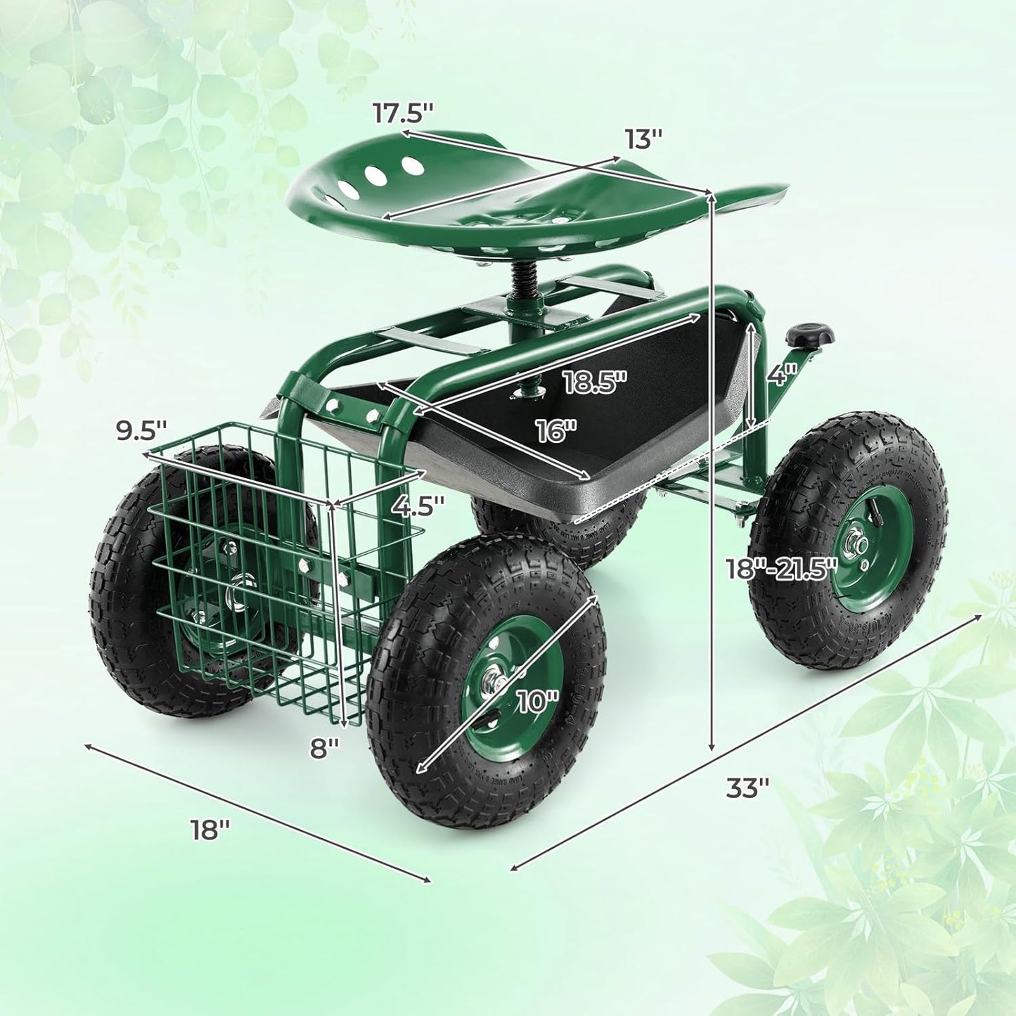 S AFSTAR Rolling Garden Cart, Wagon Scooter with 360° Swivel Seat, Storage Tray, Basket & Rubber Wheels, Heavy-Duty Gardening Tool Cart for Weeding, Patio & Yard (Green)