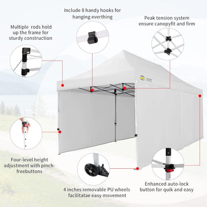 CROWN SHADES 10x20 Pop Up Canopy Tent, Thicken Frame Commercial Heavy Duty Tent, 4 Sidewalls 8 Stakes & 4 Sandbags & 4 Ropes, Outdoor Canopies for Events, Parties,White