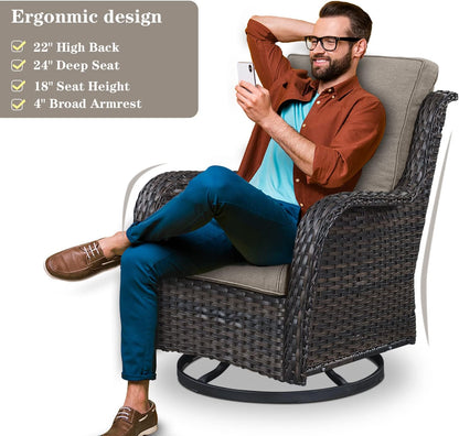 Outdoor Furniture Sectional Sofa L Shaped Couch - Patio Wicker Set with 2 Swivel Glider Chairs, 5 Piece Rattan Patio Conversation Sets with Gray Cushion for Deck Backyard Sunroom