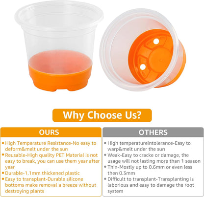 MIXC 30 Packs 4" Reinforced Clear Nursery Pots with Silicone Base for Easy Transplant, Transparent Plastic Plant Pot Reusable Seedling Pots Seed Starter Pots Flower Pot, Orange