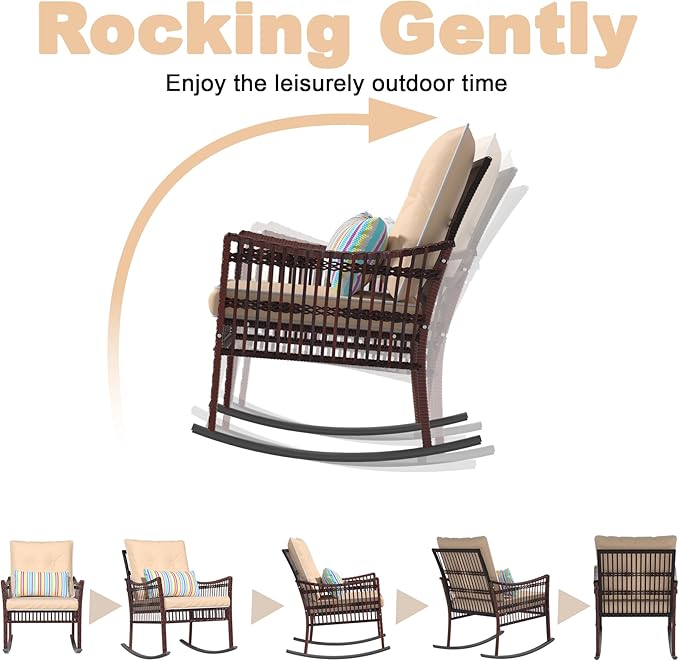 DECMICO 3 Pieces Patio Furniture Set, Wicker Rocking Chairs Bistro Set with Coffee Table, Outdoor Conversation Set for Garden and Balcony (Brown Rattan Beige Cushion)
