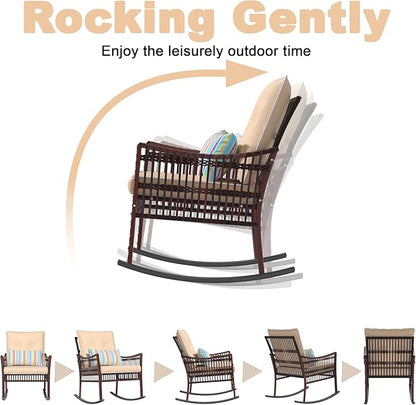 DECMICO 3 Pieces Patio Furniture Set, Wicker Rocking Chairs Bistro Set with Coffee Table, Outdoor Conversation Set for Garden and Balcony (Brown Rattan Beige Cushion)