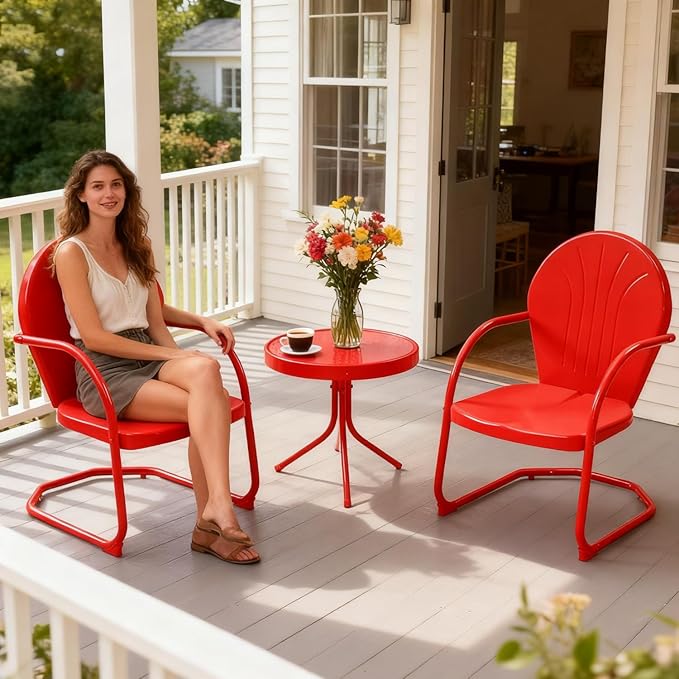 3 Piece Bistro Set, Anti-Rust Table and Chairs Set of 2, Waterproof Retro Metal Chairs for Outdoor Indoor/Porch/Lawn/Balcony- Red