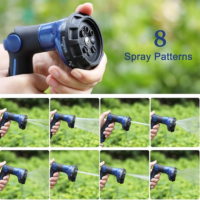 FANHAO Garden Hose Nozzle 100% Heavy Duty Metal Water Hose Sprayer with 8 Spray Patterns, High Pressure Spray Nozzle with Thumb Control, On Off Valve for Watering Plants, Washing Cars & Pets, Blue