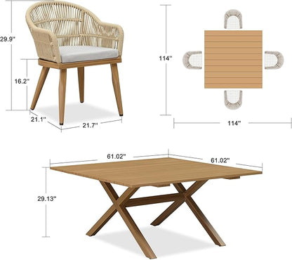 PURPLE LEAF 5 Pieces Oversized Square Patio Dining Set with Outdoor Aluminium Dining Table and Woven Chairs Modern Metal Furniture Cushions Sets for Garden Yard Indoor Decor Kitchen Teak