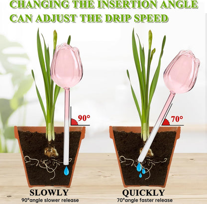 2Pcs Tulips Self Plant Watering Globes, Glass Self Watering Planter Insert, Automatic Plant Waterer Devices Indoor Outdoor (Pink)