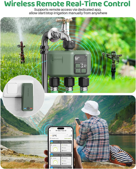 Smart Sprinkler Timer 3 Zone for Garden Hose, WiFi Water Timer with 984ft RF Range, Smart Lawn Watering System Irrigation Controller, APP/Voice Control, Rain Delay, Automatic/Manual Irrigation