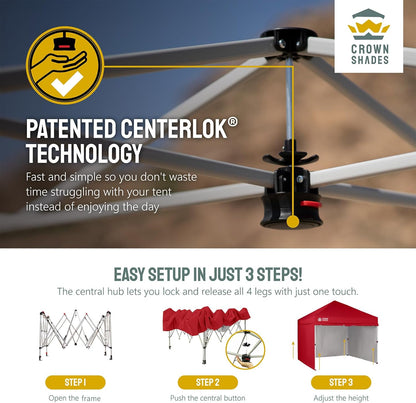 CROWN SHADES 10X10 Comercial Instant Canopy Pop Up Tent with Center Lock (10x10 with 4 Sidewalls, Red)