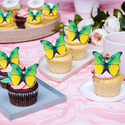Ephlyn 48Pcs Edible 3D Cute Butterfly Cupcake Toppers for Baby Shower, Bridal Shower, Boys Girls Birthday Party Cake Decorations Supplies - Yellow, Green