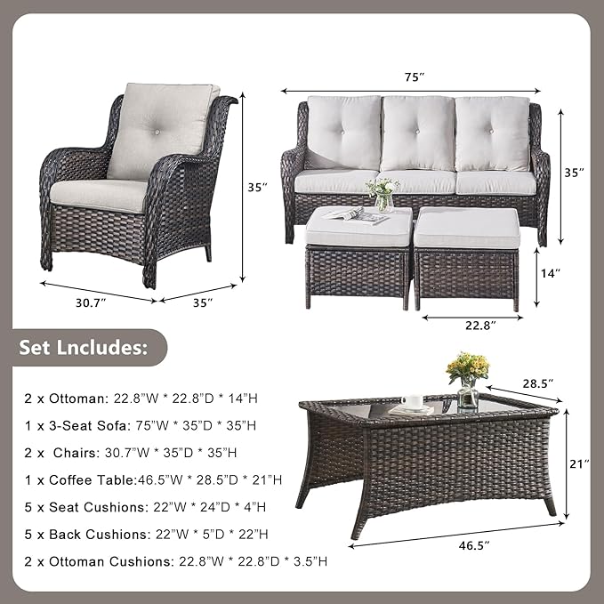 Rilyson Outdoor Patio Wicker Furniture Set - 6 Piece Rattan Patio Conversation Sectional Sofa Set with 1 Couch,2 Armchairs,2 Ottomans and 1 Glass Top Coffee Table for Porch Deck Garden(Brown/Beige)