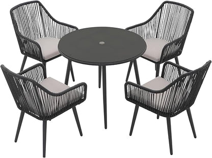 Patiorama 5-Piece Patio Dining Set,Outdoor Dining Table Chair Set,All-Weather Twisted Rattan Wicker Rope Conversation Set,Patio Furniture Set w/Umbrella Hole,4 Cushioned Chairs&Glass Table(Dark Black)
