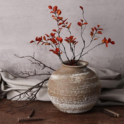 Rustic Terracotta Vase for Farmhouse Decor, Large Round Ceramic Vases for Home Decor, Wide Mouth Brown Clay Jug, Vintage Pottery Vases for Living Room, Kitchen, Table Centerpieces Rustic Home Decor