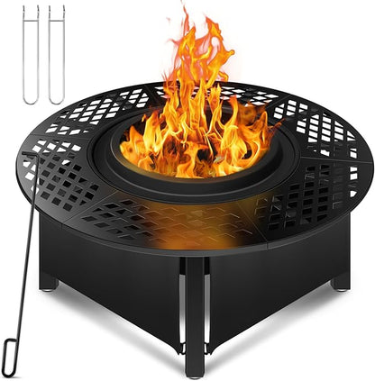 hykolity 40 inch Smokeless Fire Pit Surround Table, 3 in 1 Outdoor Fire Pit with Side Table& Grill.Fueled by Pellets or Wood.Outdoor Smokeless FirePit with Stove,for Patio, Backyard, Camping