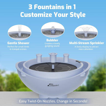 Solar Bird Bath Fountain with Battery, 3-in-1 Hanging & Freestanding Birdbath with Low-Water Protection & 3 Nozzles for Garden, Patio Decor (Sky Blue)